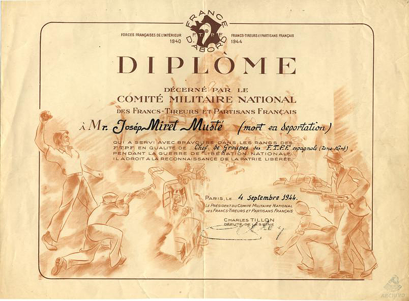 Diploma en honor de Josep Miret